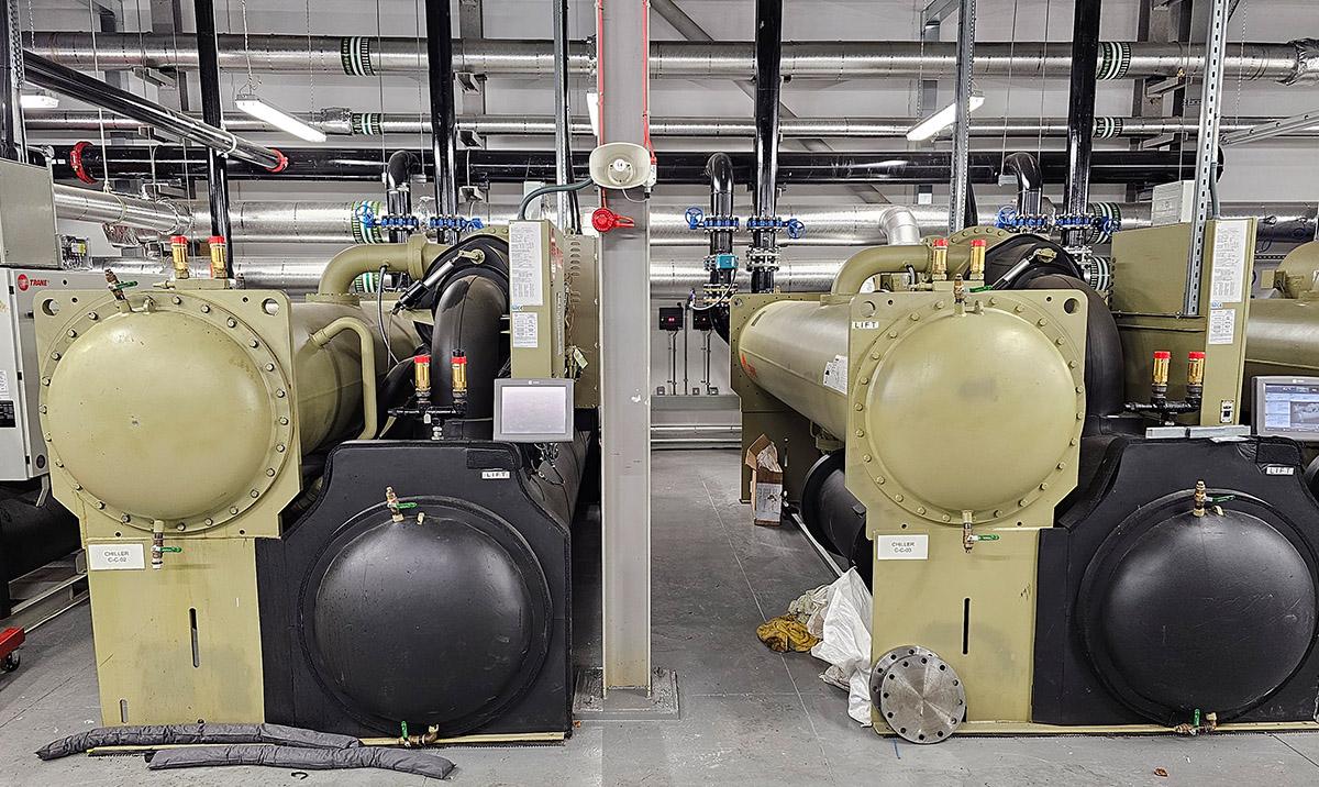 Photograph shows cooling equipment in a plant room