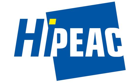 Logo with text "HiPEAC" on angled blue square