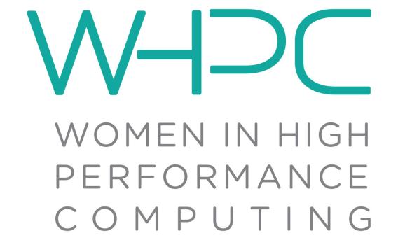 Logo. "WOMEN IN HIGH PERFORMANCE COMPUTING" with stylised letters "WHPC" in green above.