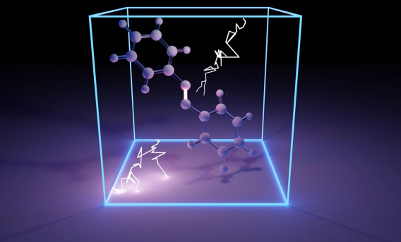 Purple-toned computer simulation of molecules in box.