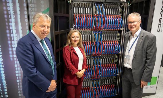 Principal of the University of Edinburgh Peter Mathieson with Feryal Clark, Parliamentary Under-Secretary of State at the Department for Science, Innovation and Technology, and Prof. Mark Parsons, EPCC Director