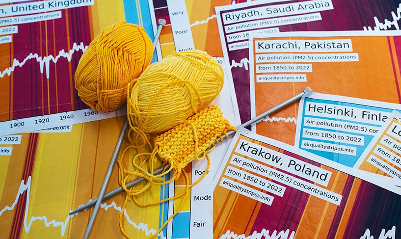 Photo shows Air Stripes cards and yellow wool.