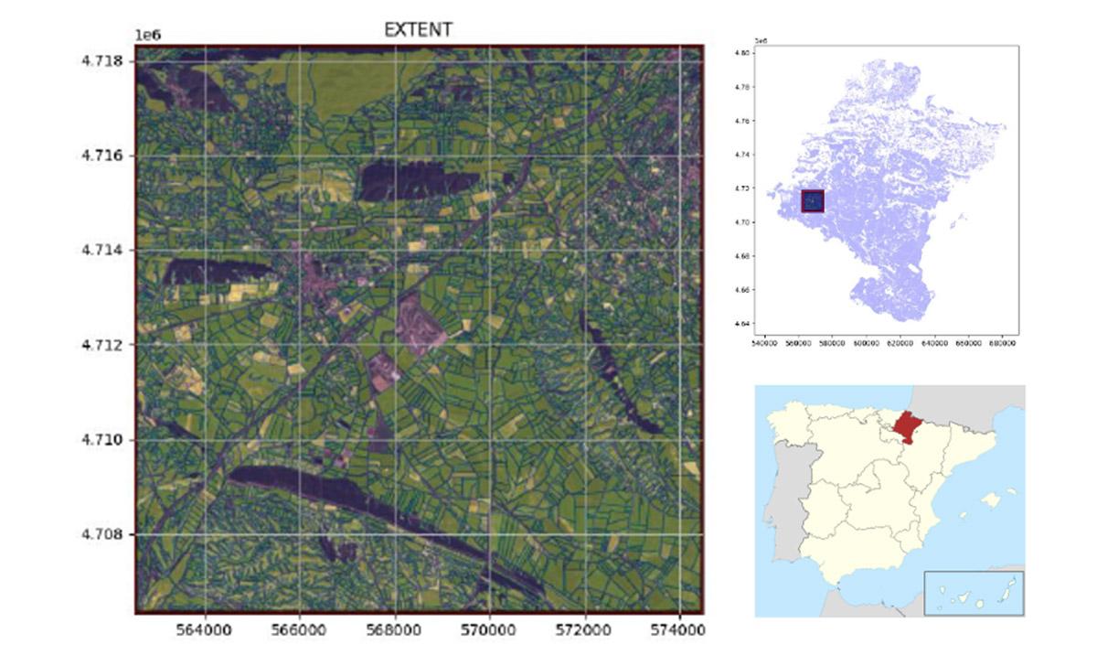 Satellite image of fields alongside 2 maps.