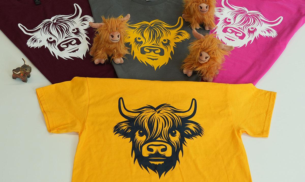 Cow motifi tshirts and toy Highland cows