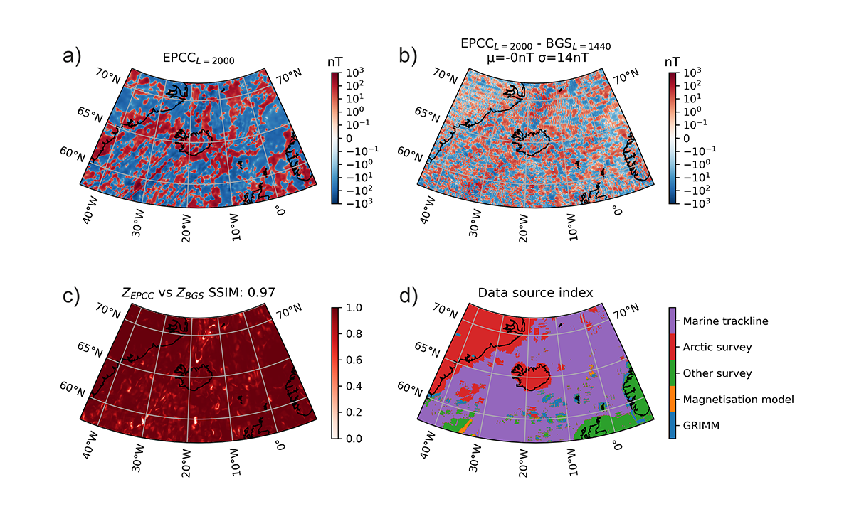 Image shows four panels with contextual information of the crustal magnetic field in the North Atlantic Ocean around Iceland and Greenland.