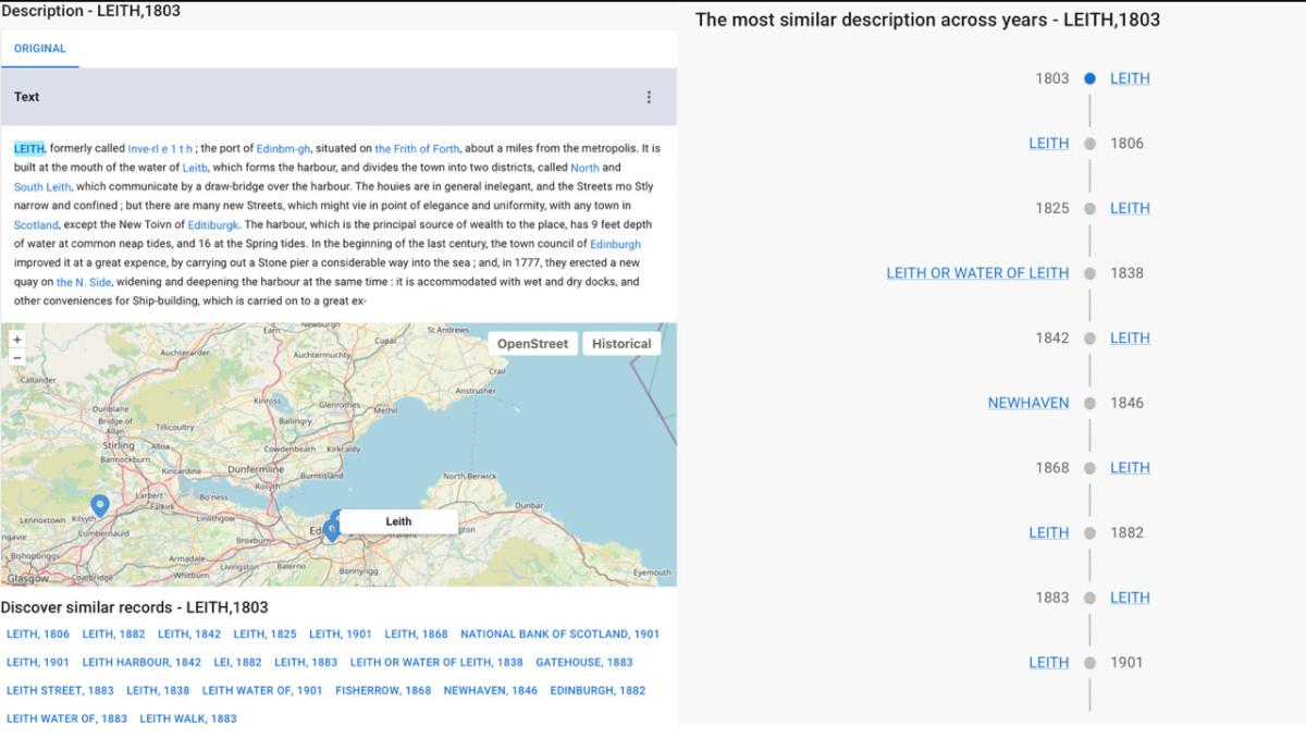 Figure 2: Frances interface for Leith, 1803, showing the extracted article text with locations highlights, a map view, a semantically similar entries over time.