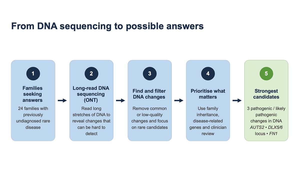 Graphic illustrating pathway from DNA sequencing to possible answers
