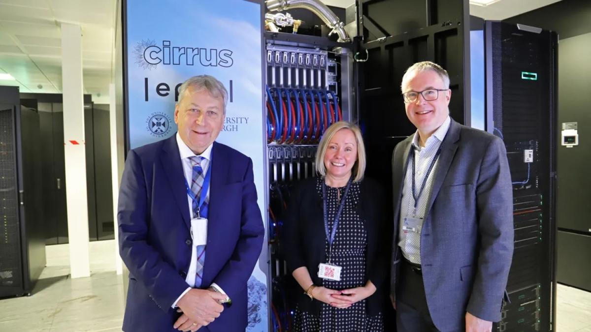 University Principal and Vice-Chancellor, Professor Sir Peter Mathieson, Deputy Director of Stakeholder Relations, Lynn McMath, and EPCC Director, Professor Mark Parsons at the Cirrus supercomputer.