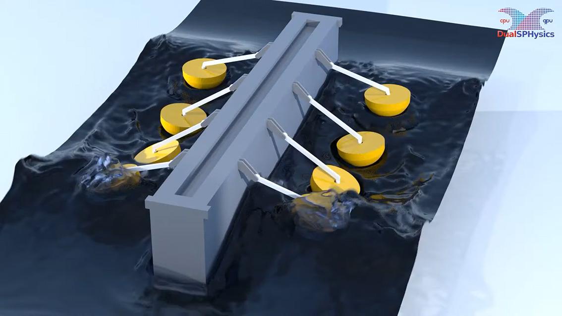 Simulated image of marine energy system with 4 "paddles" aligned along the long edges of a grey beam.