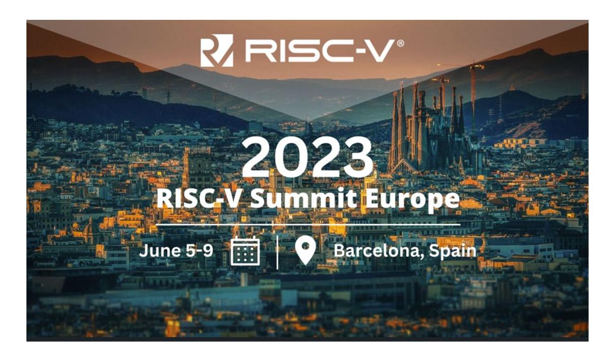 Promotional image for RISC-V summit in Barcelona, with image of the city overlaid by text
