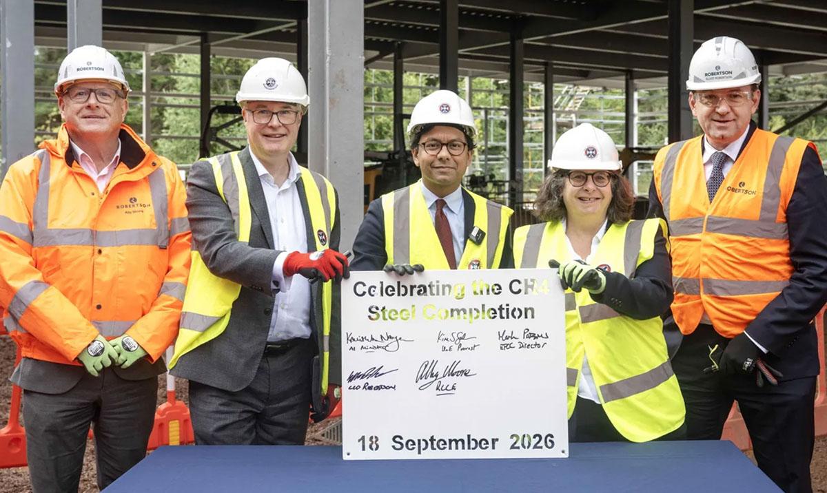 Minister Narayan with Provost, Kim Graham; Professor Mark Parsons, Director of EPCC; CEO of Robertson Group, Elliott Robertson, and Alastair Moore, Operations Director, Robertson Construction Central East