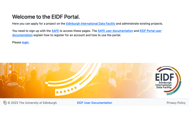 Webpage with heading "Welcome to the EIDF Portal", including how to apply for the service