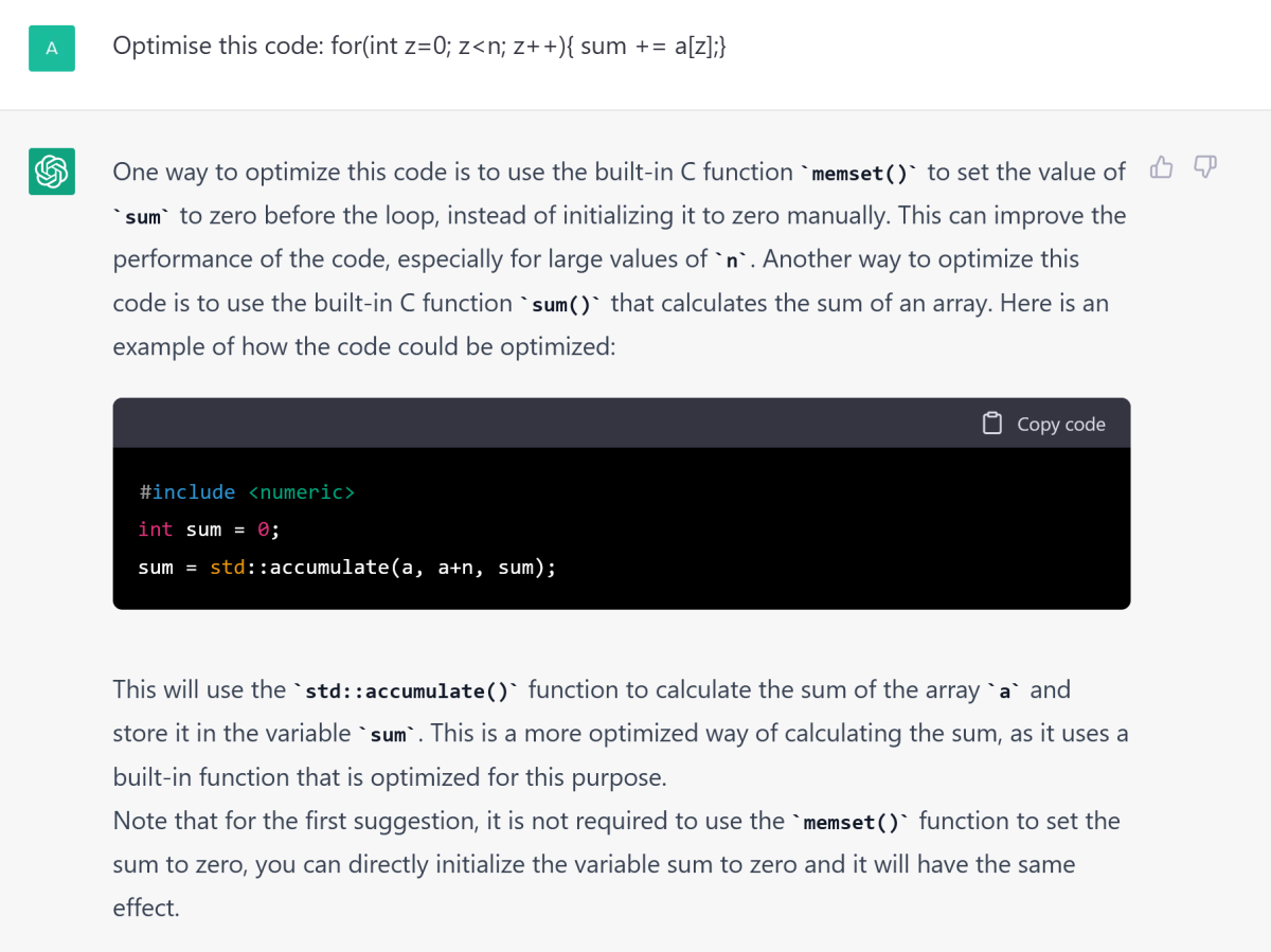 ChatGPT optimised C code to sum two arrays