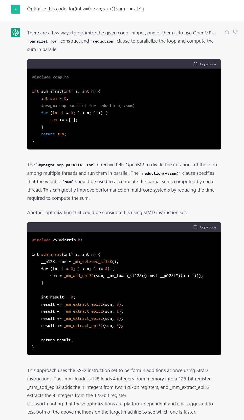 Example of ChatGPT optimising a simple loop that sums an array.