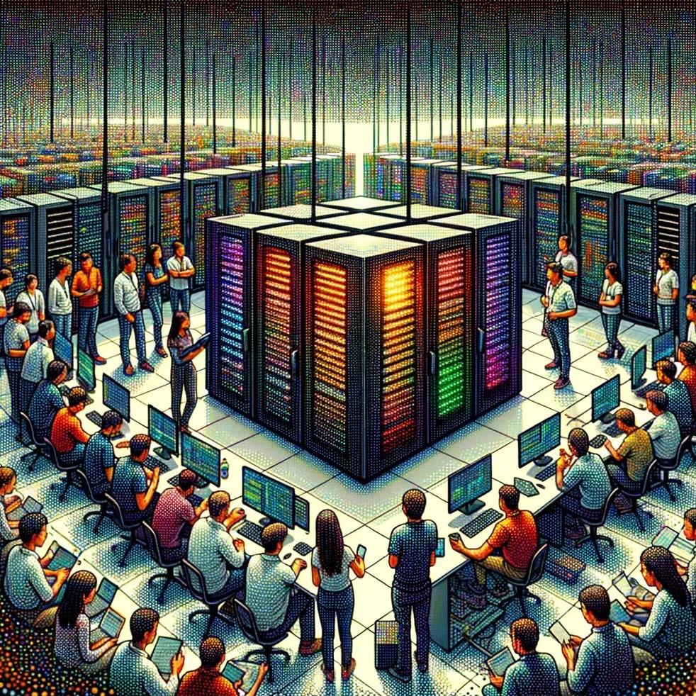 An image generated with DALL.E using ChatGPT that proports to show machine learning at scale. It is an image of a large colourful computer surrounded by a range of people working on desktops of standing with clipboards.