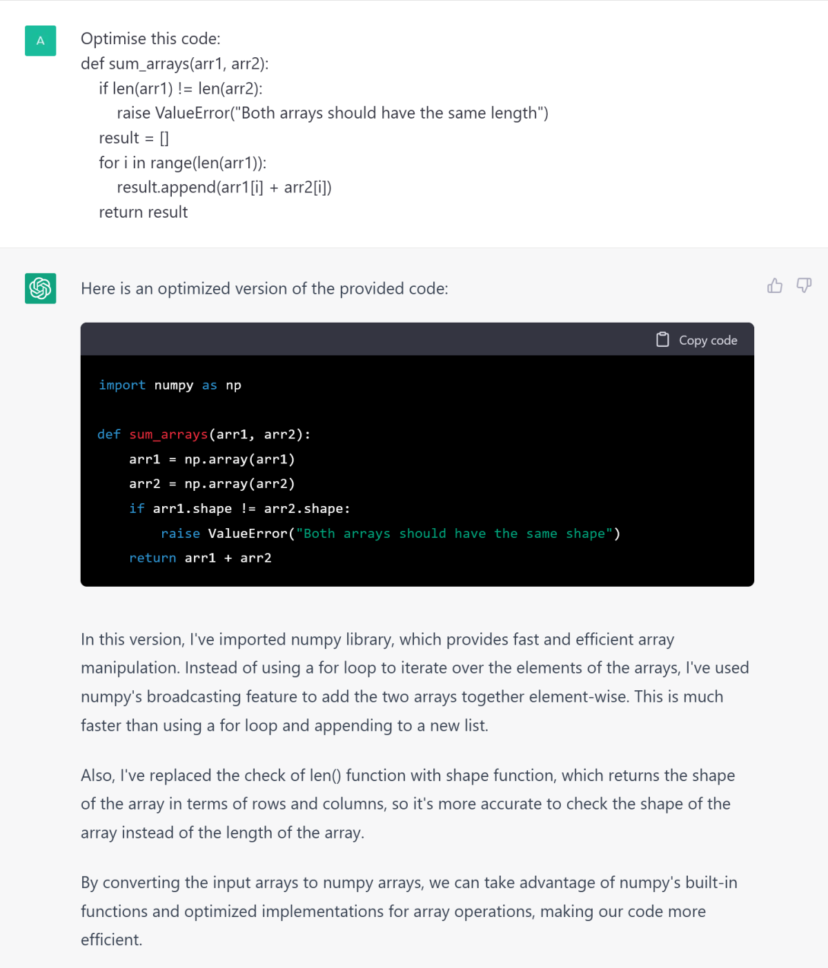 Python example of ChatGPT optimising a function that sums two arrays