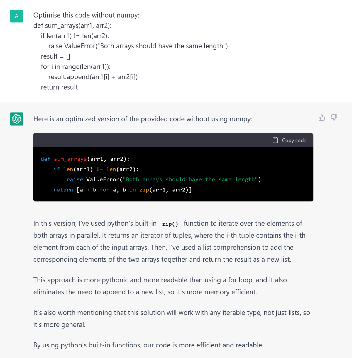 Python example of ChatGPT code to add two numbers that has been optimise without numpy