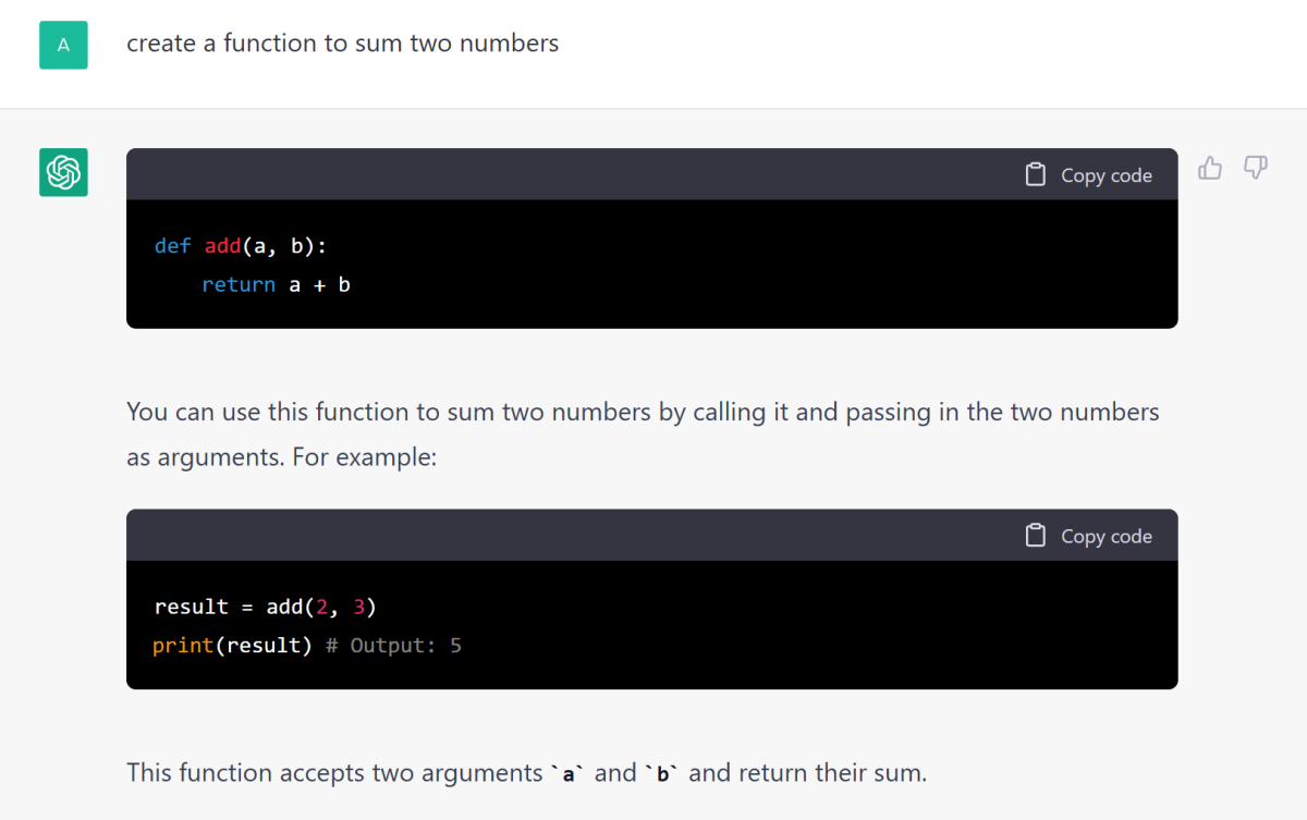 Python example of ChatGPT code to add two numbers