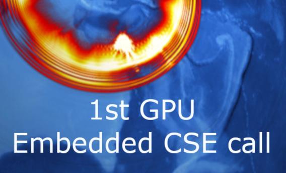 Text "1st GPU Embedded CSE call" over blue and gold image of science simulation
