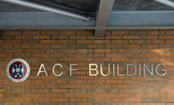 External signage reading "ACF BUILDING" with University of Edinburgh logo