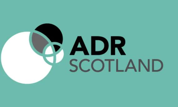 Logo with text "ADR Scotland" beside 3 interlocking circles. Background is marine green.