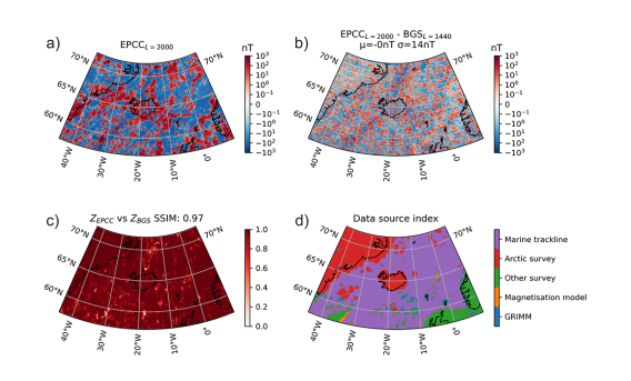 Four panels with contextual information of the crustal magnetic field in the North Atlantic Ocean around Iceland and Greenland