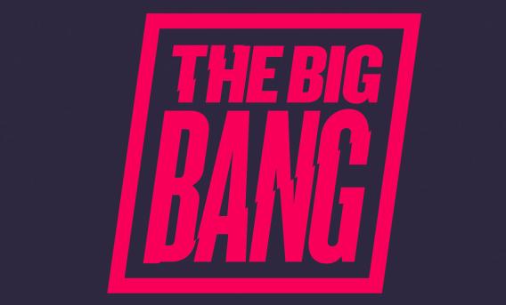 the Big Bang logo. Red text in capitals arranged in a red square, on a blue-black background.