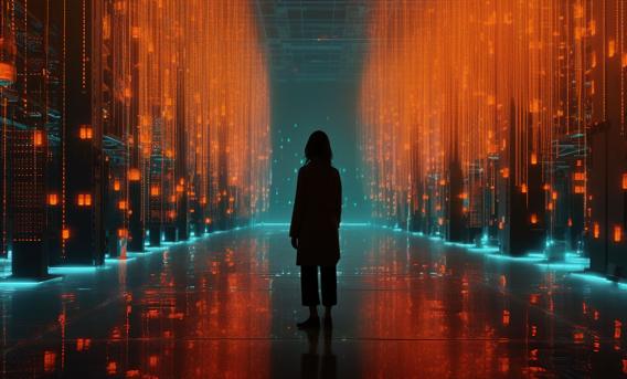 Illustration showing silhouetted human figure against abstract "digital" background.