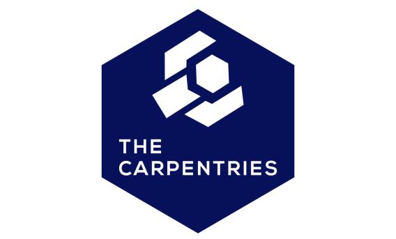 Logo showing white text "The Carpentries" beneath white spanner and nut symbol. Background is blue.