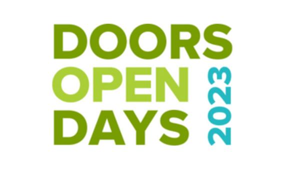 Logo of Doors Open Days 2023: green text in capital letters, with "2023" in blue vertical text