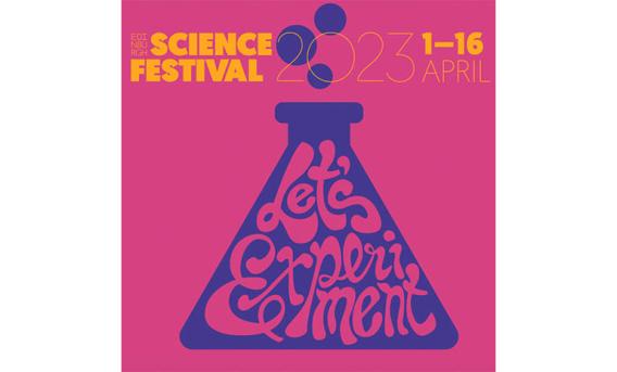 Pink background with text "Let's experiment" written psychedelic-style font inside glass science lab flask