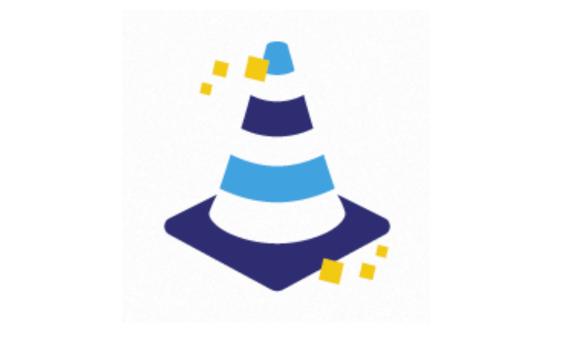 Graphic of traffic cone with blue and white stripes.