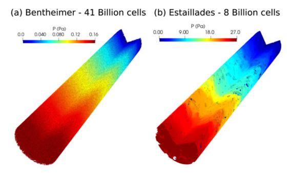 Pressure distribution inside the cylindrical core samples, shown by cropping the top-right quadrant to reveal internal fields. (a) Bentheimer and (b) Estaillades.