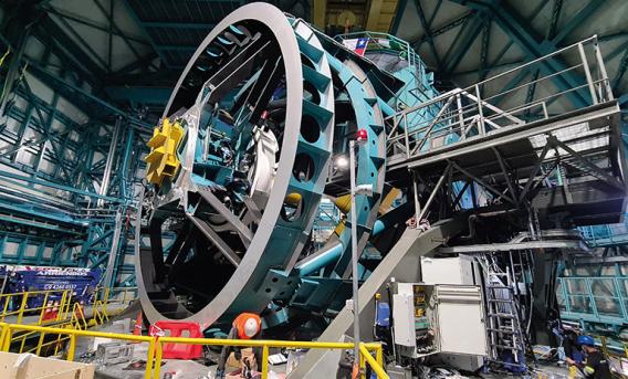 Inside the observatory, progress continues on the telescope mount assembly.  Image: Rubin Obs/NSF/AURA.