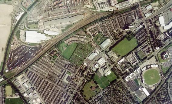 Manchester, with the Old Trafford football and cricket stadia in June 2000 (ID: NCAP/GET/MMC/0239/0344 ncap.org)