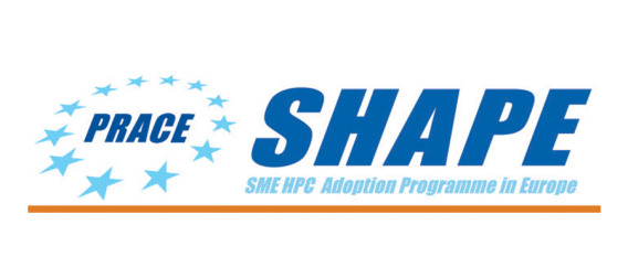 Logo with word "PRACE" circled by blue stars and word "SHAPE" sitting over text "SME HPC Adoption Programme in Europe".