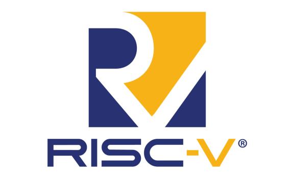 RISC-V logo: stylised letters R and V in a square are centred over text "RISC-V". Colours are blue, yellow, white.