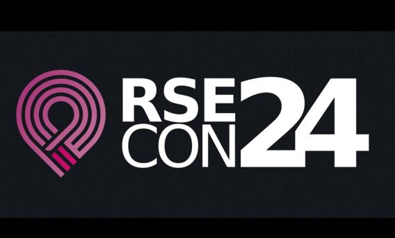Logo with text "RSECon24" in white. To left is interlocking symbol in pink. Background is black.