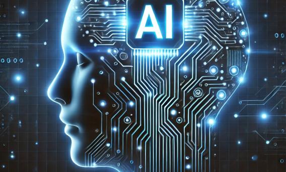  Montage of human head and circuitry with text "AI". Image generated by Dall-E.
