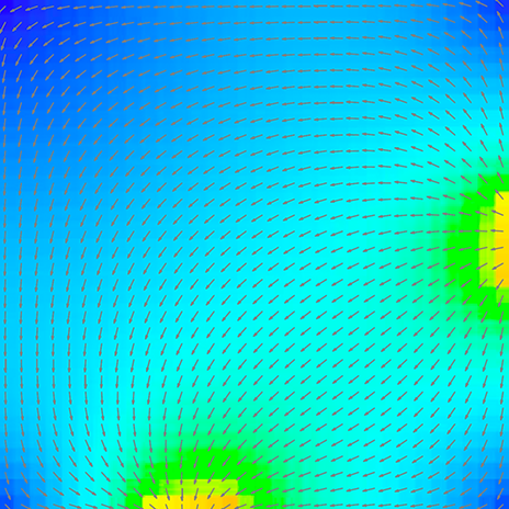 Example output for the fluid in a box CFD simulation: brightly-coloured image with arrows indicating flow direction.