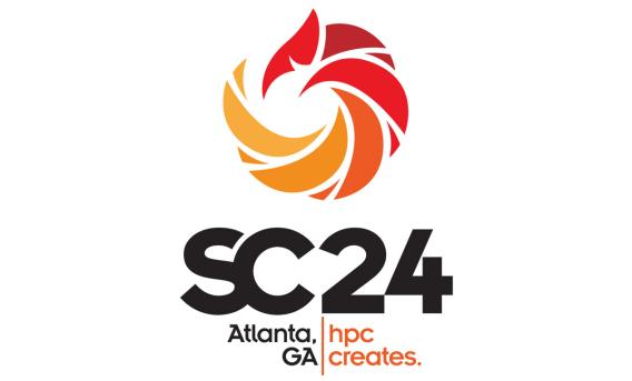 Logo with text "SC24 Atlanta GA| HPC creates" beneath circular symbol in red, orange and yellow.