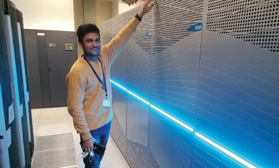 Suyash with Tursa, an Extreme Scaling GPU-based DiRAC system hosted by EPCC’s Advanced Computing Facility.