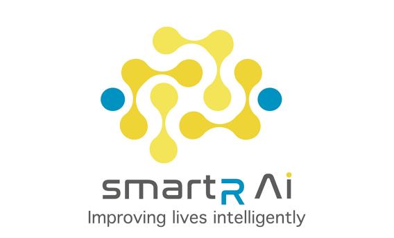 Logo graphic with text "smartR AI improving lives intelligently" beneath yellow, orange and blue abstract image